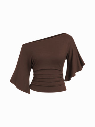 Boat Neck Mid-length Bell Sleeve Ruched Tee