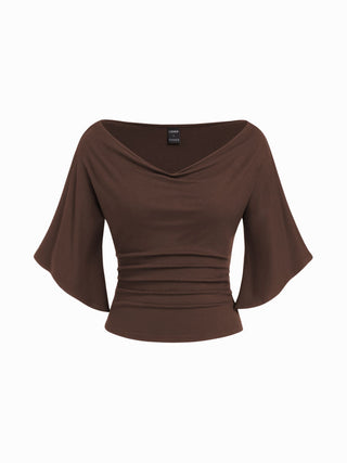 Boat Neck Mid-length Bell Sleeve Ruched Tee