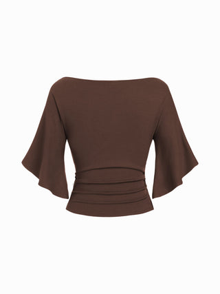 Boat Neck Mid-length Bell Sleeve Ruched Tee