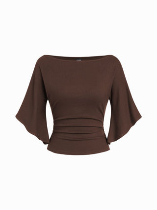 Boat Neck Mid-length Bell Sleeve Ruched Tee