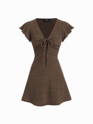 Textured V-neck Ruffle Sleeve Knotted Ruched A-line Mini Dress