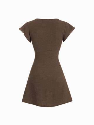 Textured V-neck Ruffle Sleeve Knotted Ruched A-line Mini Dress