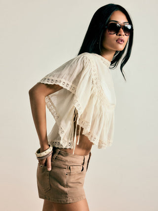 Chiffon Lace Panel Ruffle Sleeve Oversized Blouse
