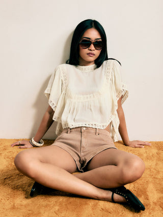 Chiffon Lace Panel Ruffle Sleeve Oversized Blouse