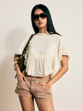 Chiffon Lace Panel Ruffle Sleeve Oversized Blouse