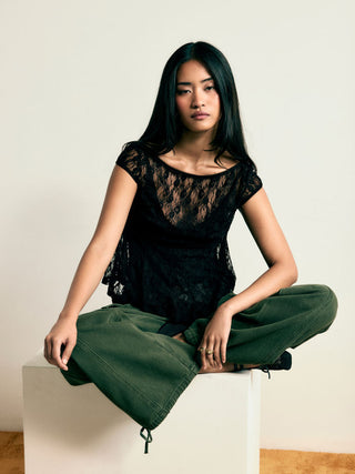 Lace Boat Neck Short Sleeve Backless Blouse & Cami Top Set