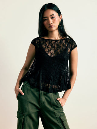 Lace Boat Neck Short Sleeve Backless Blouse & Cami Top Set