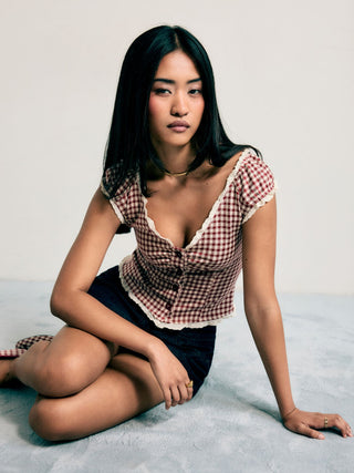Jacquard Jacquard Gingham Sweetheart Raglan Sleeve Ruched Top For Daily Casual Date