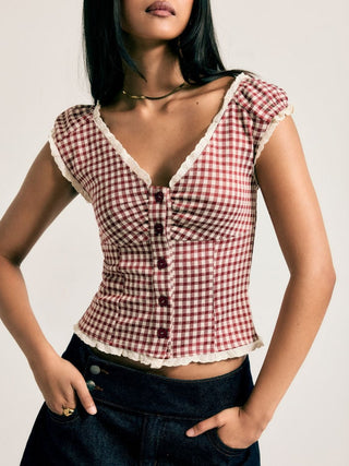 Jacquard Jacquard Gingham Sweetheart Raglan Sleeve Ruched Top For Daily Casual Date