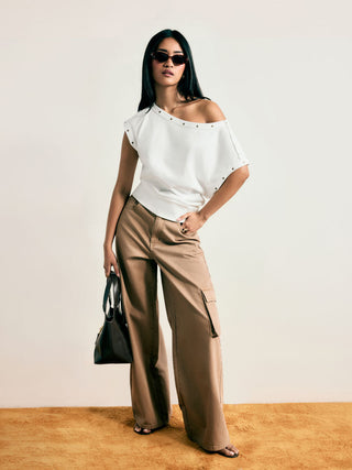 Cotton-blend Asymmetrical Neck Oversize Crop Tee