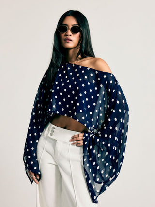 Chiffon Polka Dot Boat Neck Cloak Sleeve Oversized Poncho Blouse & Bandeau