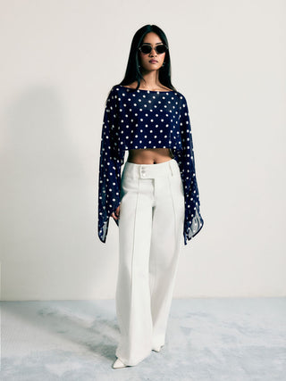 Chiffon Polka Dot Boat Neck Cloak Sleeve Oversized Poncho Blouse & Bandeau