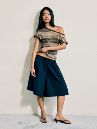Striped Asymmetrical Neck Short Sleeve Top
