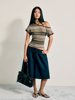 Striped Asymmetrical Neck Short Sleeve Top