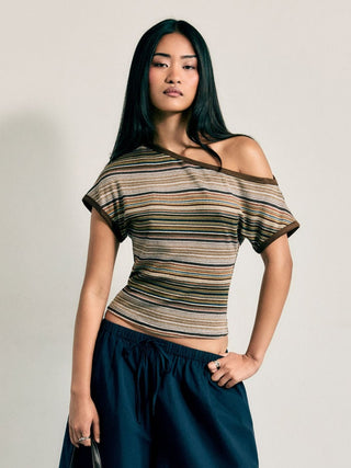Striped Asymmetrical Neck Short Sleeve Top