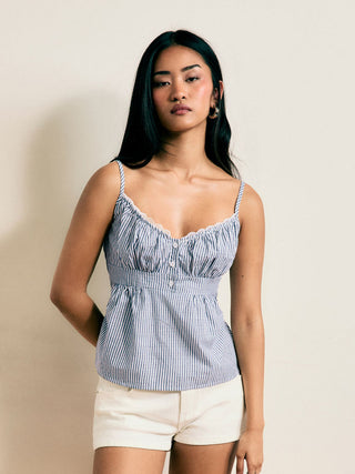 Cotton Stripe V-Neck Lace Panel Button Tie Back Peplum Cami Top