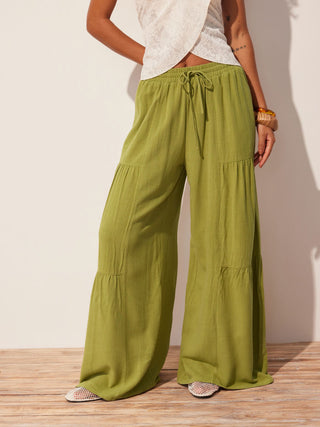 Linen-blend Mid Rise Drawstring Tiered Draped Wide Leg Trousers