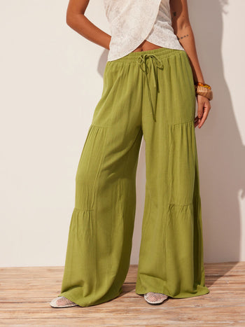 Linen-blend Mid Rise Drawstring Tiered Draped Wide Leg Trousers