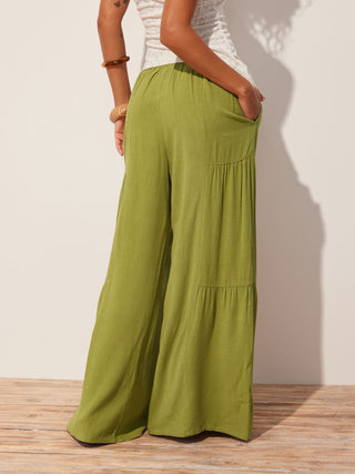 Linen-blend Mid Rise Drawstring Tiered Draped Wide Leg Trousers