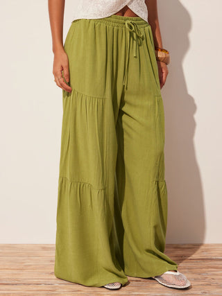 Linen-blend Mid Rise Drawstring Tiered Draped Wide Leg Trousers