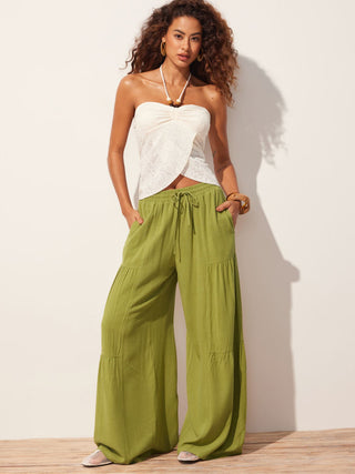Linen-blend Mid Rise Drawstring Tiered Draped Wide Leg Trousers