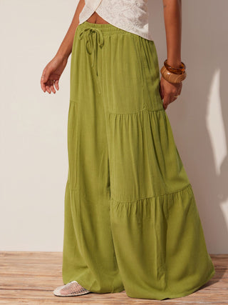 Linen-blend Mid Rise Drawstring Tiered Draped Wide Leg Trousers