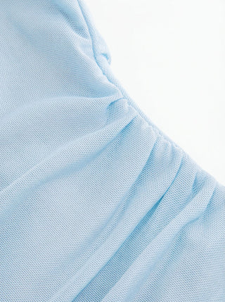Mesh Boat Neck Lettuce Trim Ruched Top
