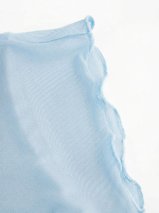 Mesh Boat Neck Lettuce Trim Ruched Top