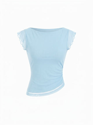 Mesh Boat Neck Lettuce Trim Ruched Top
