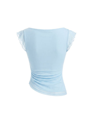 Mesh Boat Neck Lettuce Trim Ruched Top
