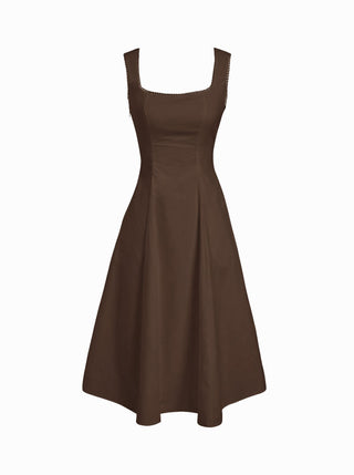 Cotton Square Neck Shirred Pocket A-line Midi Dress
