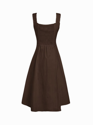 Cotton Square Neck Shirred Pocket A-line Midi Dress