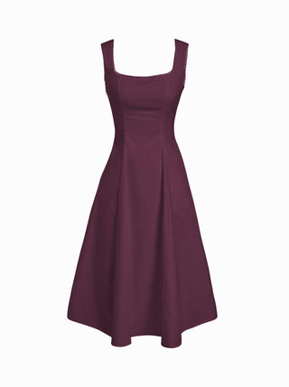 Cotton Square Neck Shirred Pocket A-line Midi Dress