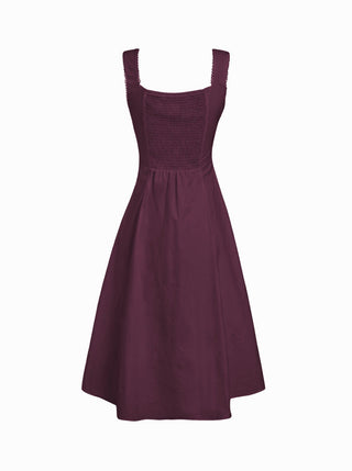 Cotton Square Neck Shirred Pocket A-line Midi Dress