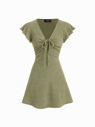 Textured V-neck Ruffle Sleeve Knotted Ruched A-line Mini Dress