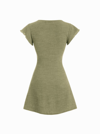 Textured V-neck Ruffle Sleeve Knotted Ruched A-line Mini Dress