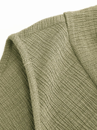 Textured V-neck Ruffle Sleeve Knotted Ruched A-line Mini Dress