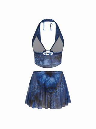 Floral & Leopard Halter Neckline Tie Side Bikini Set With Cover Top & Skirt