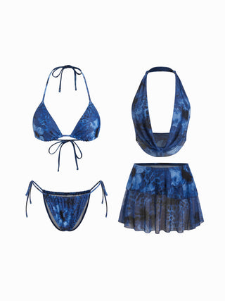Floral & Leopard Halter Neckline Tie Side Bikini Set With Cover Top & Skirt