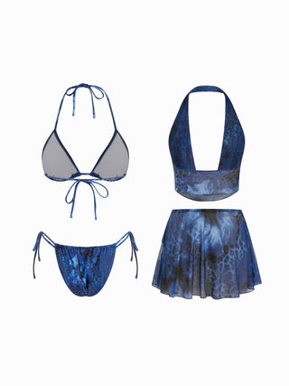 Floral & Leopard Halter Neckline Tie Side Bikini Set With Cover Top & Skirt