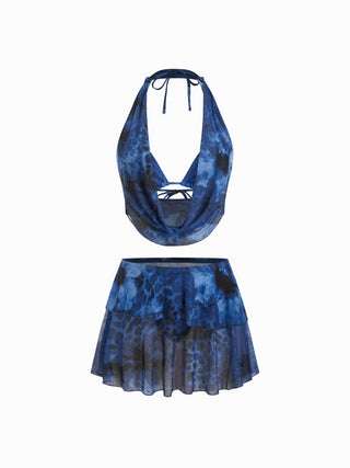 Floral & Leopard Halter Neckline Tie Side Bikini Set With Cover Top & Skirt