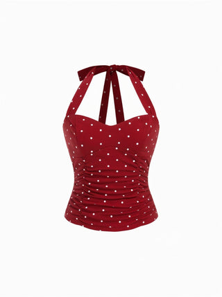 Cotton Polka Dot Halter Neck Ruched Tie Back Top