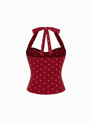 Cotton Polka Dot Halter Neck Ruched Tie Back Top