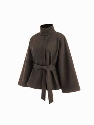 Wool-look Stand Collar Cloak Sleeve Oversized Jacket With Belt