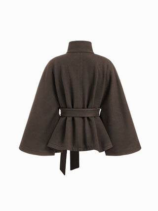 Wool-look Stand Collar Cloak Sleeve Oversized Jacket With Belt