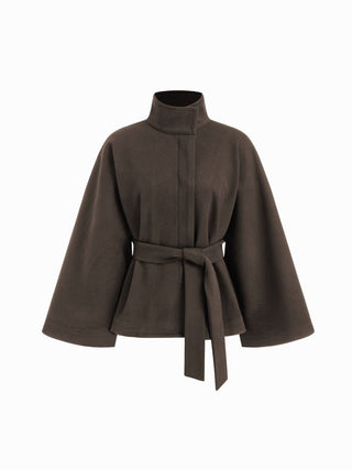 Wool-look Stand Collar Cloak Sleeve Oversized Jacket With Belt