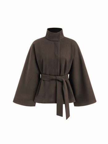 Wool-look Stand Collar Cloak Sleeve Oversized Jacket With Belt
