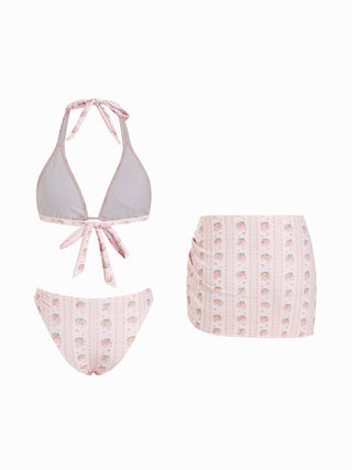 Halter Neckline Floral Ring Linked Low Rise Triangle Bikini Set With Skirt