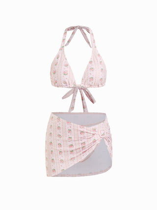 Halter Neckline Floral Ring Linked Low Rise Triangle Bikini Set With Skirt