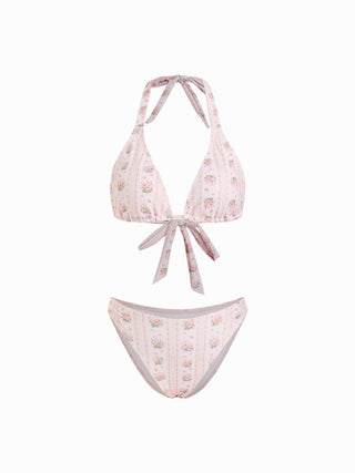Halter Neckline Floral Ring Linked Low Rise Triangle Bikini Set With Skirt